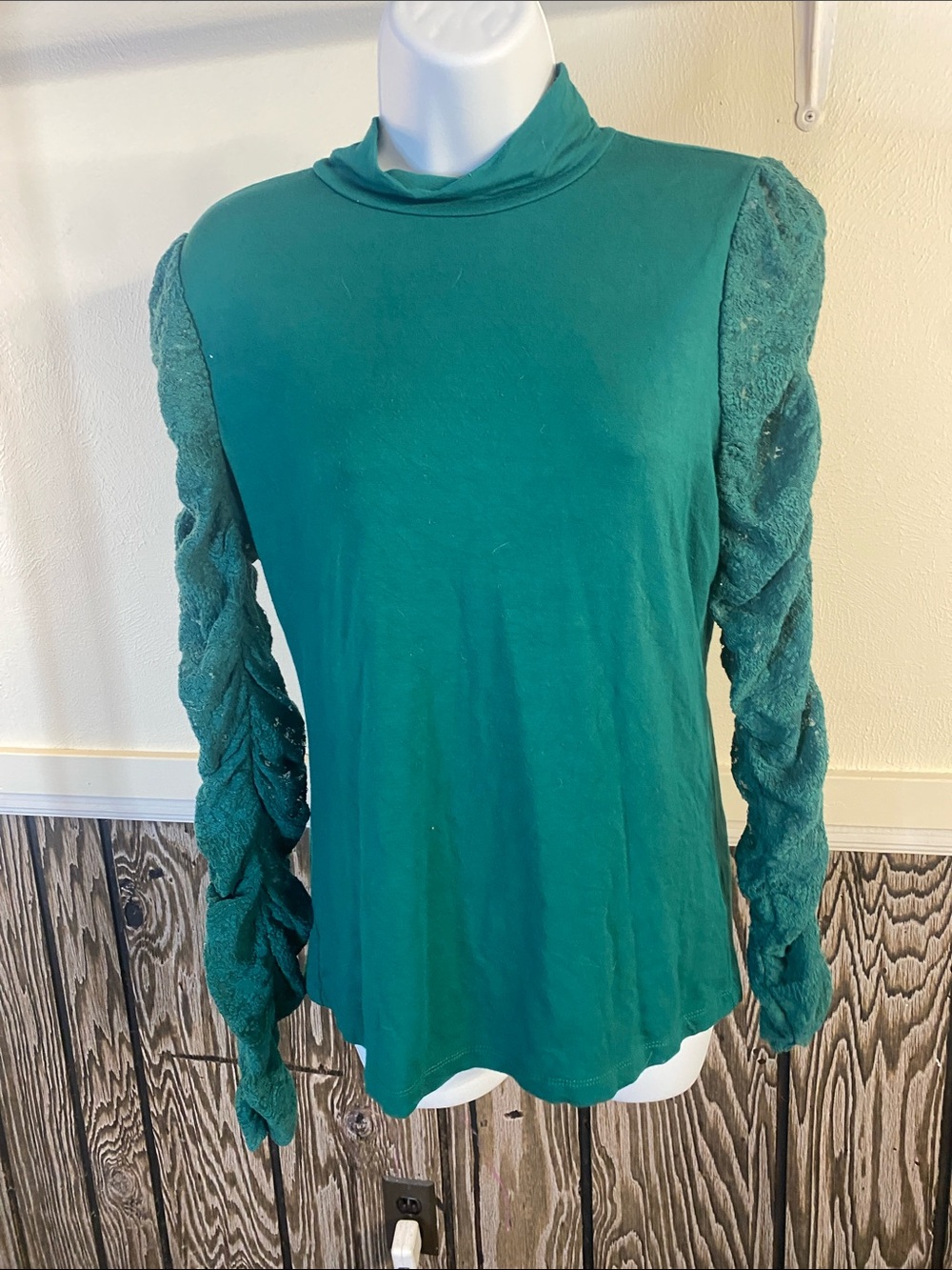 Anthropologie Pine Green Mock Neck Long-Sleeve Top with Braided Sleeves